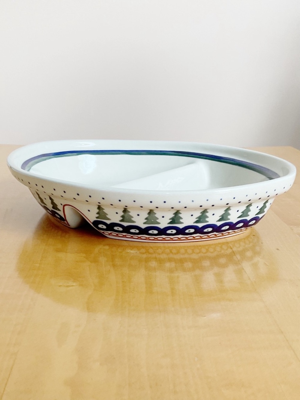 Boleslawiec Polish Pottery Christmas Tree Divided Vegetable Bowl 10”